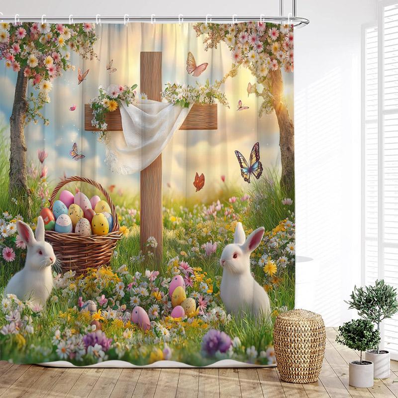 

Funny Easter Shower Curtains Cute Bunny Rustic Butterfly Floral Rabbit Eggs Fabric Home Bathroom Curtain Decorative With Hooks 90x180cm-35x70in