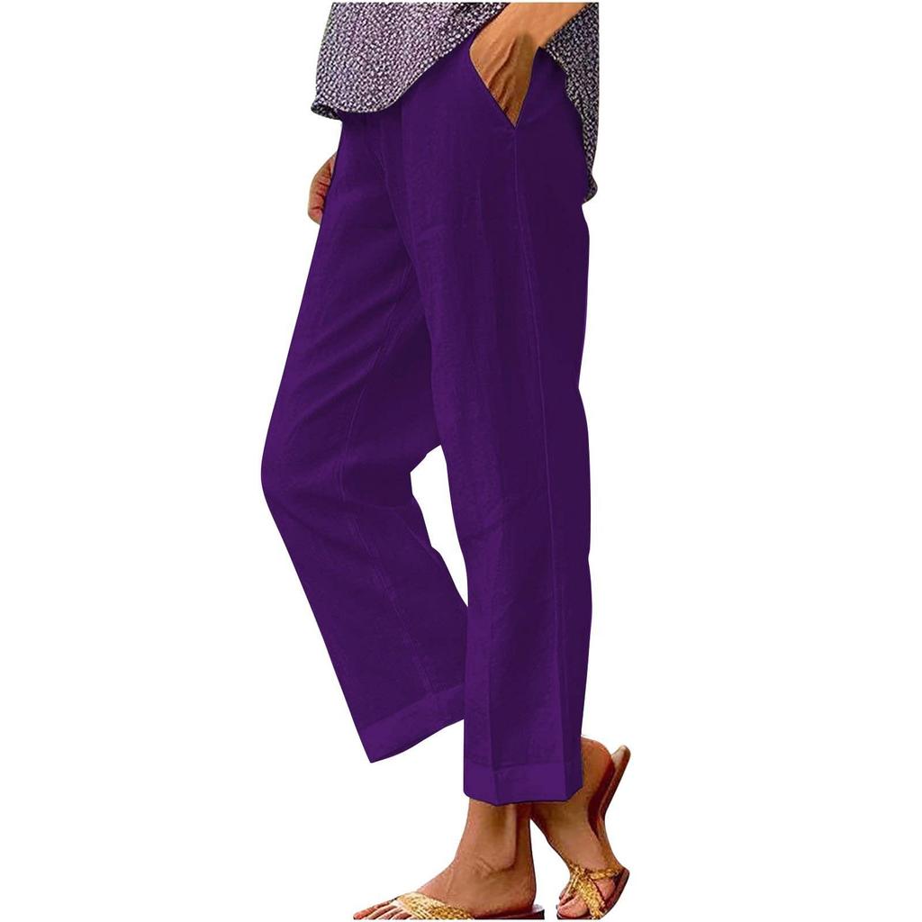2024 Women's Spring/Summer Solid Color Cotton Linen Elastic Waist Wide-Leg Casual Pants