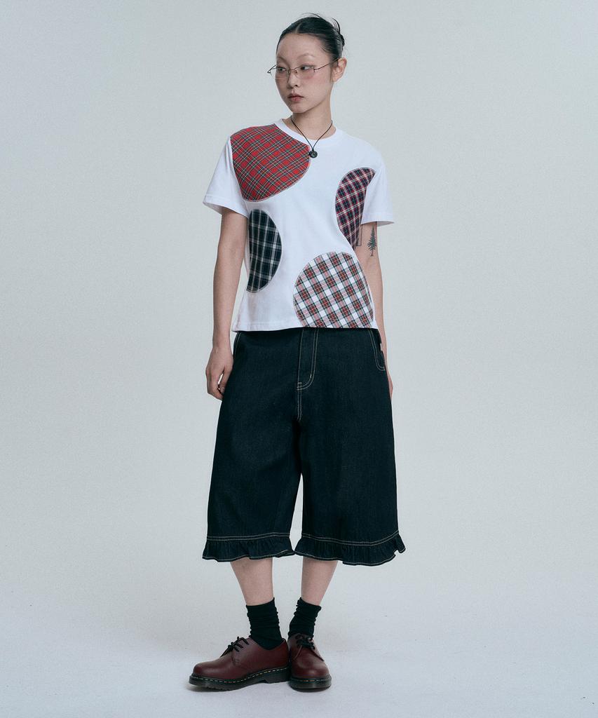 MOO Check Circle Patchwork Short Sleeve T-Shirt - White