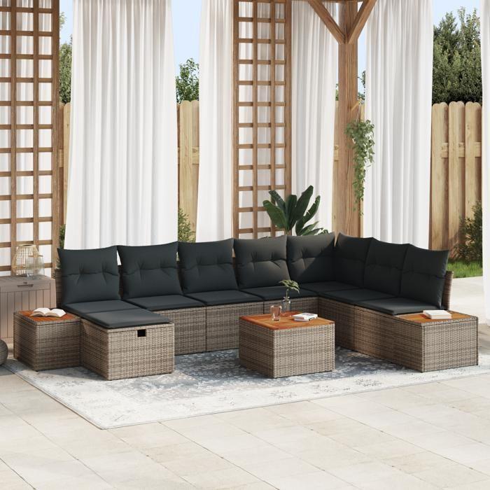 VidaXL Ensemble de Canapé de Jardin 9 Pièces avec Coussins Rattan Poly Gris 3359661