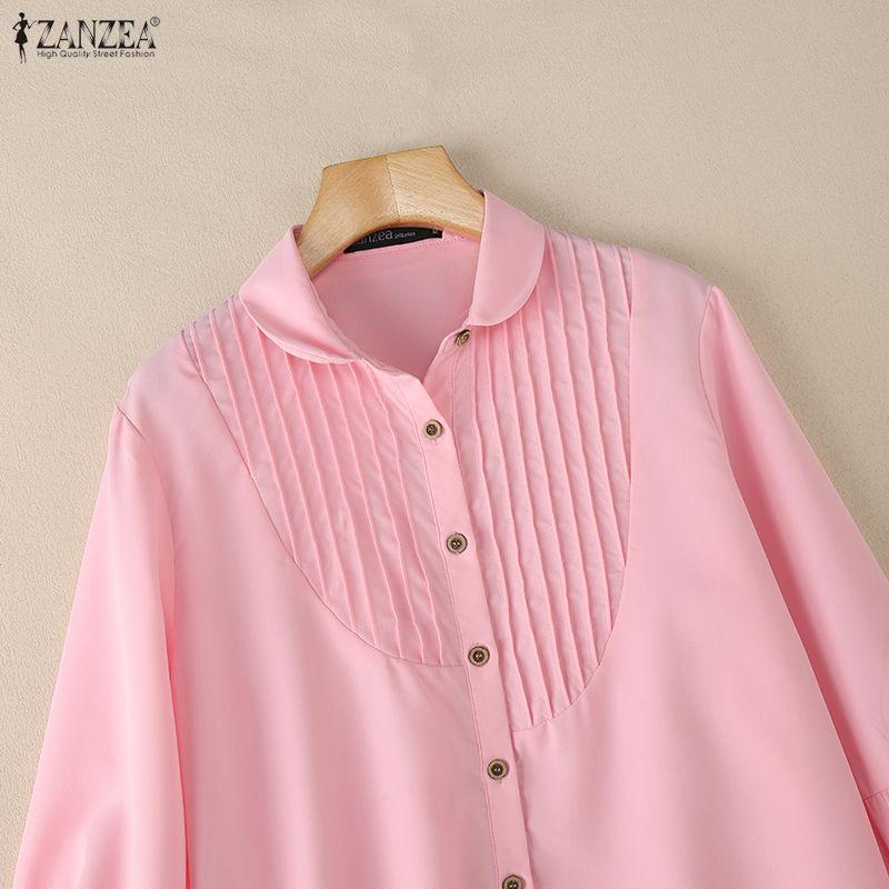 ZANZEA Kadın Rahat Yakası Açık Düz Renk Bol Uzun Kollu Bluz