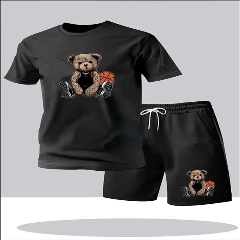 Summer Daily Casual Men's Set Outdoor Sports Men's Beach Shorts Urban Fashion Bear Print Men's Short Sleeve T-shirt Lightwe
