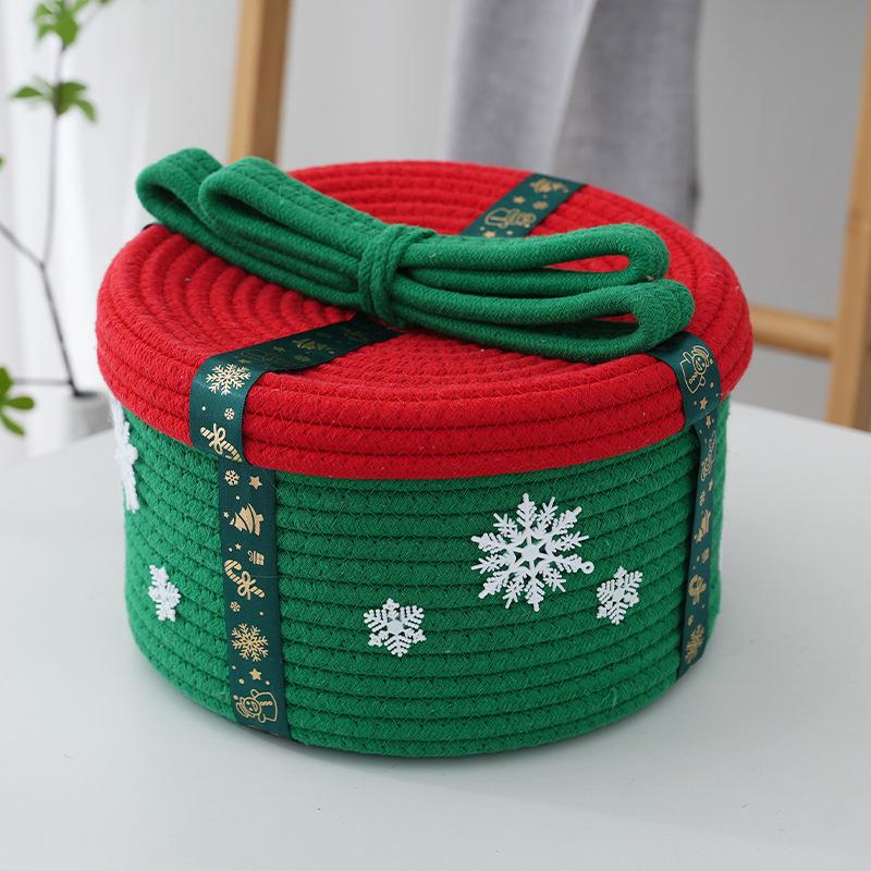 Christmas Decoration Storage Basket With Dust Cover Holiday Gift Box Cotton Rope Woven Snacks Small Gift Storage Basket
