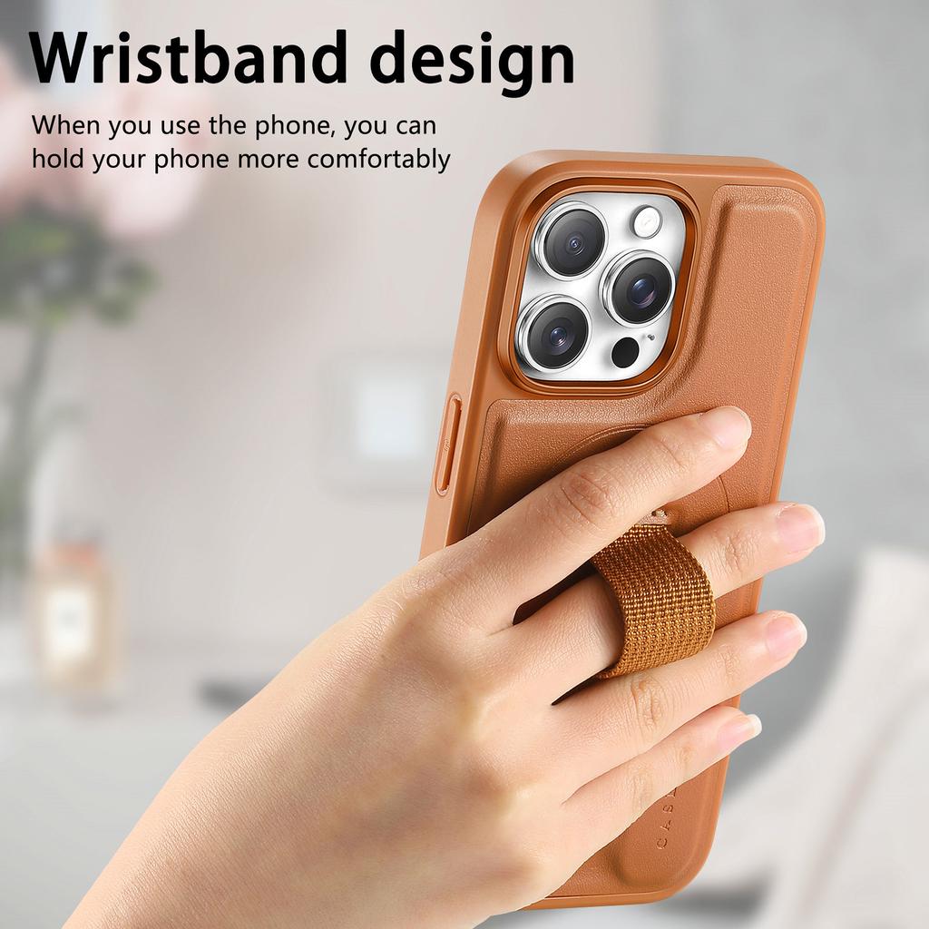 For iPhone 15 Pro Max Magnetic Case CASENEO Wristband PU Leather+PC Shockproof Phone Cover