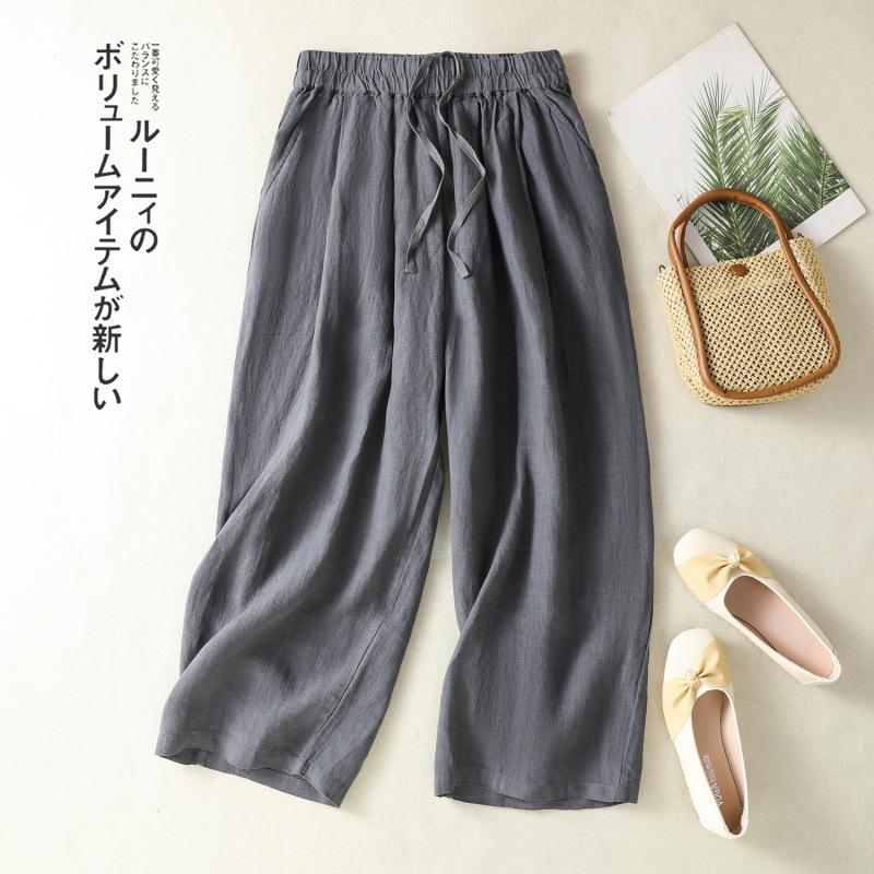 

Реальное фото летние новые литературные и ретро хлопково-льняные брюки-шаровары с широкими штанинами, свободные повседневные брюки длиной девять точек, женская одежда 2XL серый