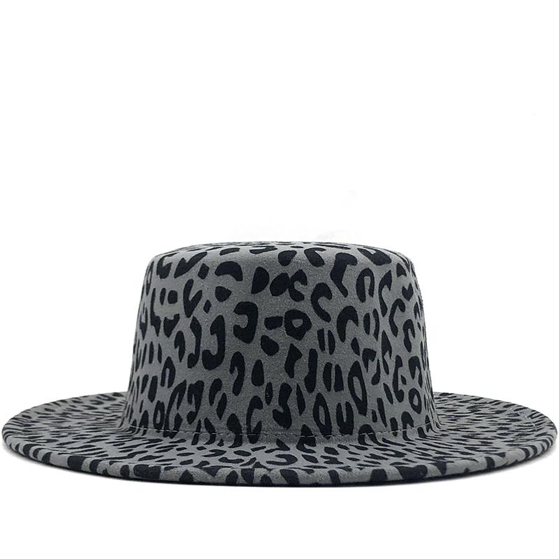 

Новая шерстяная фетровая шляпа Fedora с плоским верхом и широкими полями, с леопардовым принтом для женщин, осенне-зимняя кепка-каноте, джазовая кепка с черной лентой 56-58CM