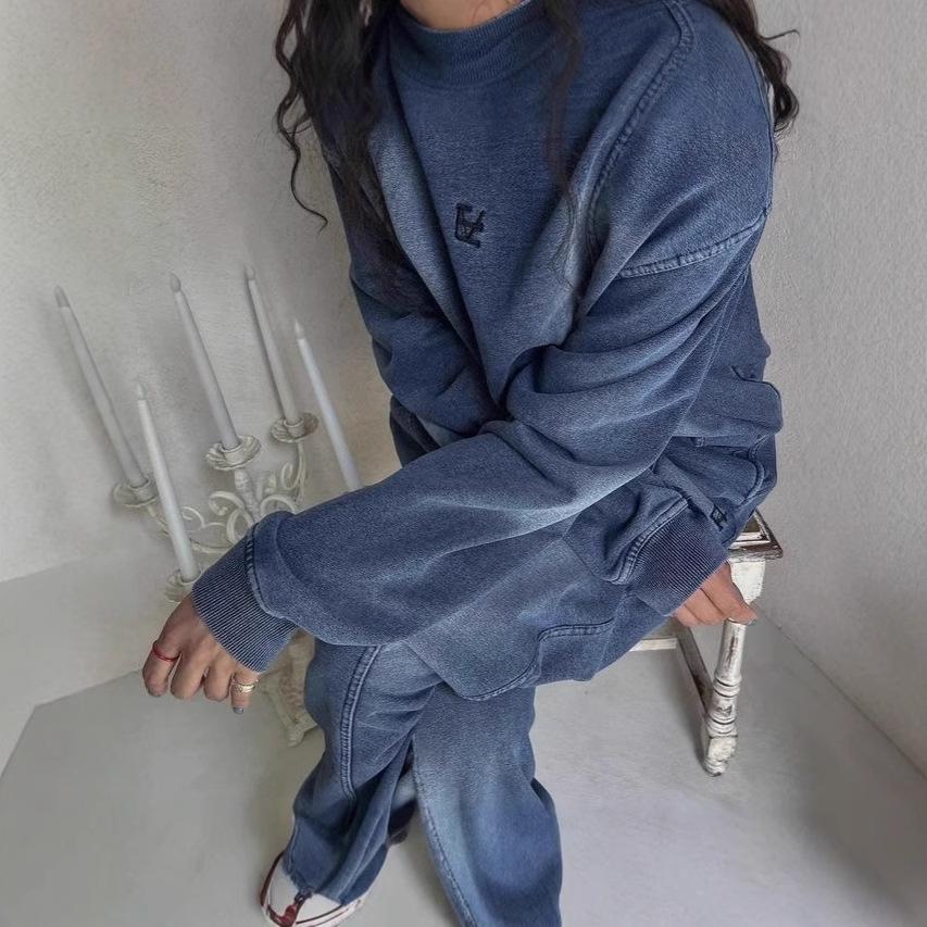 

European Loose Denim Sweatshirt & Sassy Two-Piece Set - Plus Size for Autumn/Winter 2XL