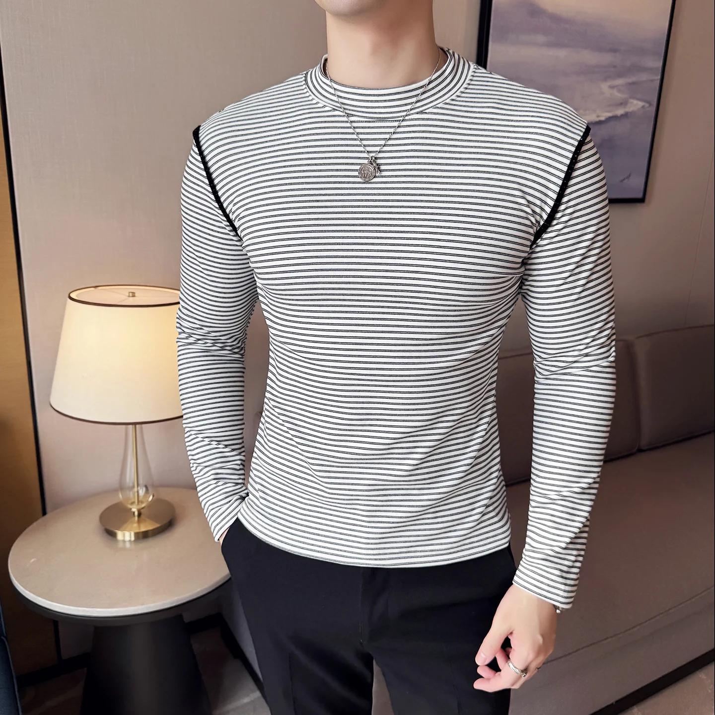

2025 Mens Knitted Long Sleeve Base Shirt Man Mock Neck Tight Fit T-Shirts Male Casual Striped Tshirts Winter Inner Wear Pullover XXL белый
