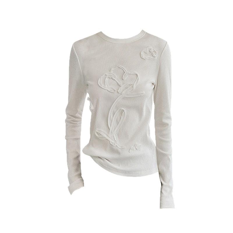 

Women s Korean Style Floral Round Neck Long Sleeve T-shirt - Autumn/Winter Slimming Base Layer Extra Large белый