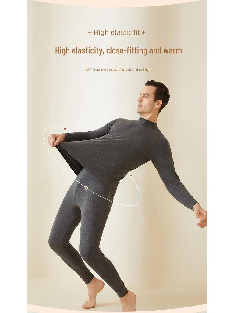 Arctic Fleece Cotton Men's Thermal Underwear Set: Lightweight Autumn/Winter Half-High Collar Top & Pants
