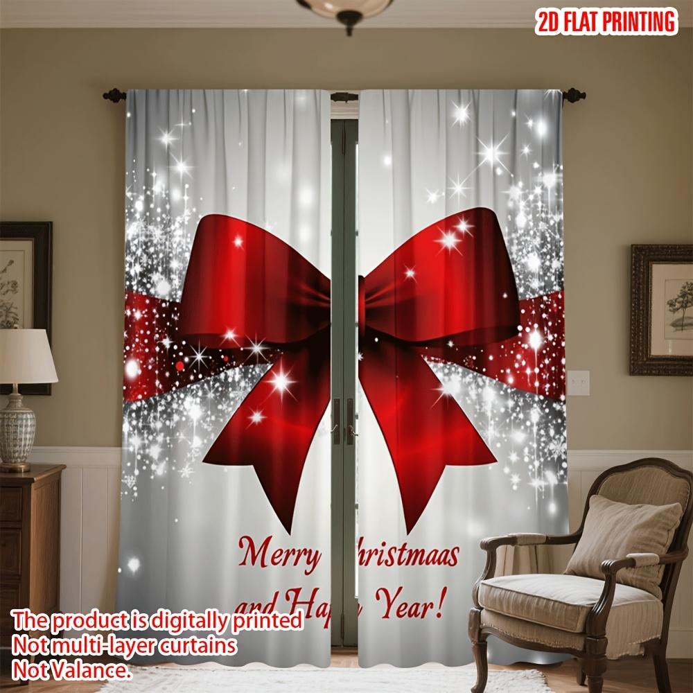 

Christmas Bow Curtains Red White Sparkling Star Semi Transparent Polyester Living Room Bedroom Office Holiday Decor Curtain Set Of 2 Made Washable W100*H70(CM)-Hooks&1PCS