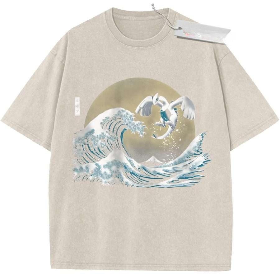 

T Shirt Sports T Shirt Short Sleeve T Shirt Beige Unisex Pure Cotton Washed Vintage Pokemon Legendary Bird Ho Oh and Lugia Print M