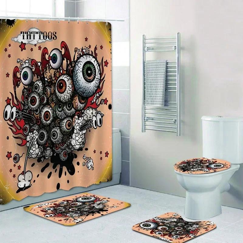 

Old School Tattoo Art Shower Curtain Set For Bathroom Vintage Punk Skull Anchor Dagger Curtains Rug Mat Halloween Decor W60H190(CM)-1 Pcs