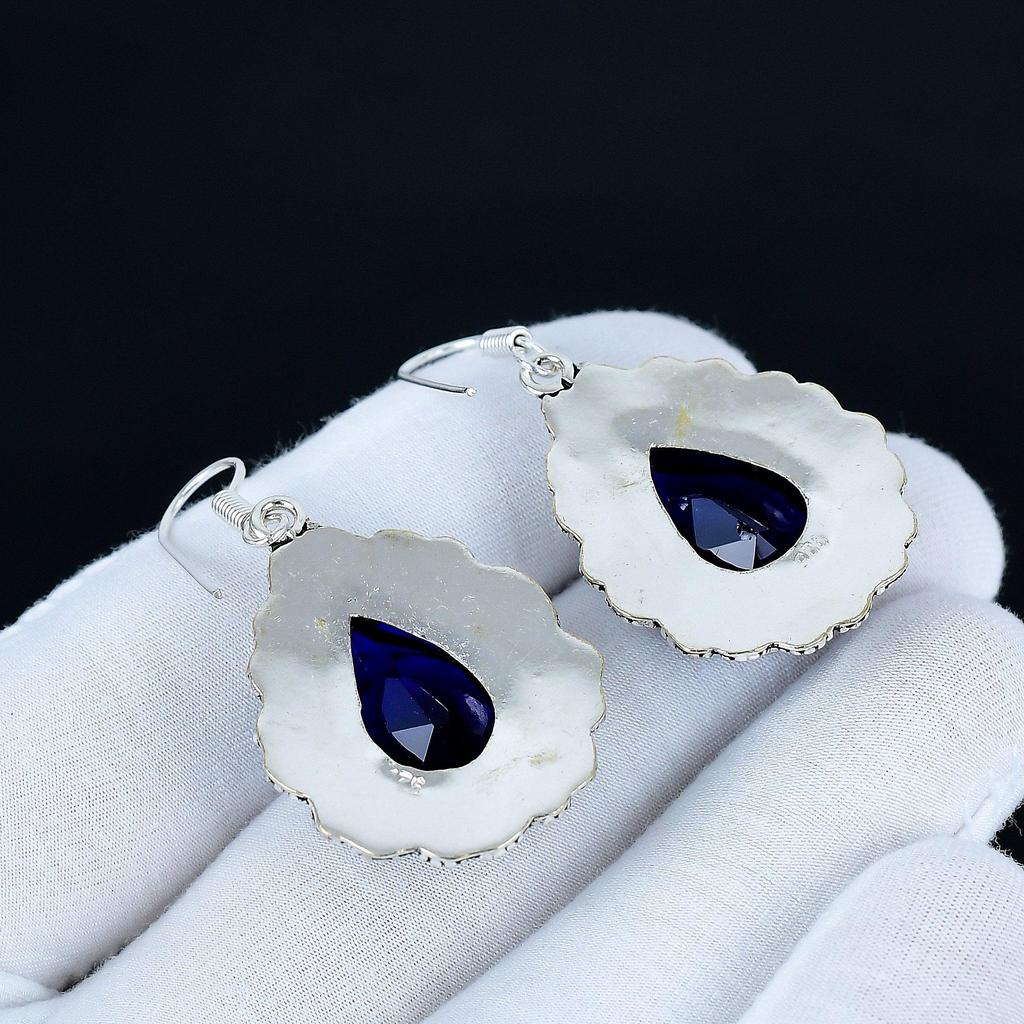 Blue Sapphire Gemstone Earrings, 925 Sterling Silver Earrings, Silver Earrings For Gift, Blue Sapphire Dangle Drop Earrings For Christmas Gifts