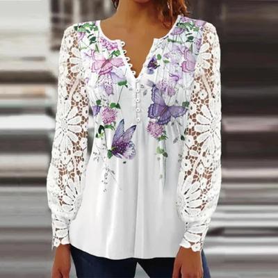 Ladies Summer Shirt V-neck Floral Print Button Lace Stitching Long Sleeve Daily Wear Hollow Out See-through Spring Summer T-shirt Women Clothing