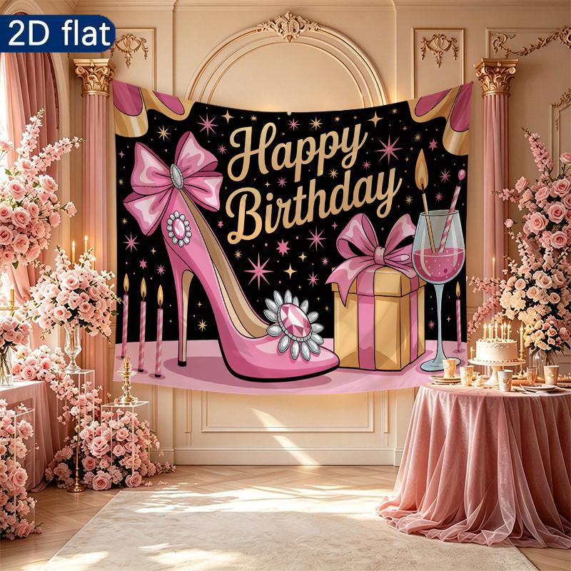 Party Banner Gifts Wine High Heel Birthday Backdrop, Polyester Wall Decor for Celebration & Photos