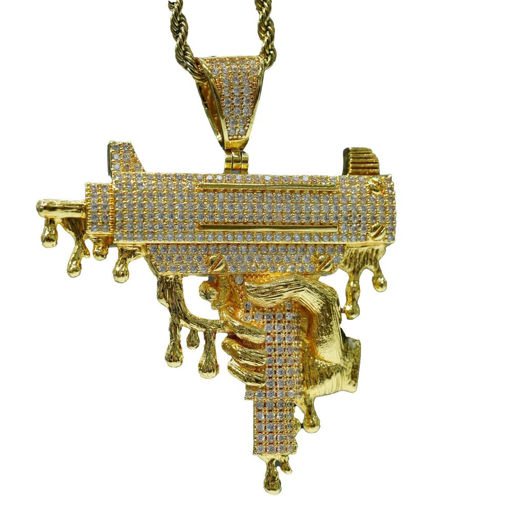 Hip Hop Submachine Gun Pendant, Pistol Machine Gun Pendant Necklace, Punk Cool Copper Inlaid Zircon Necklace, Hip-hop Pendant