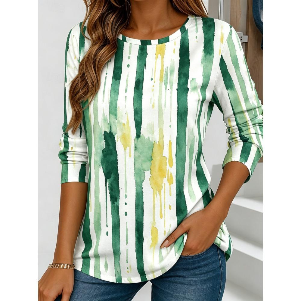 Women's Long Sleeve Crew Neck Watercolor Streak Print Casual T-Shirt, Regular Tops for Spring Summer Daily Weekend Wear