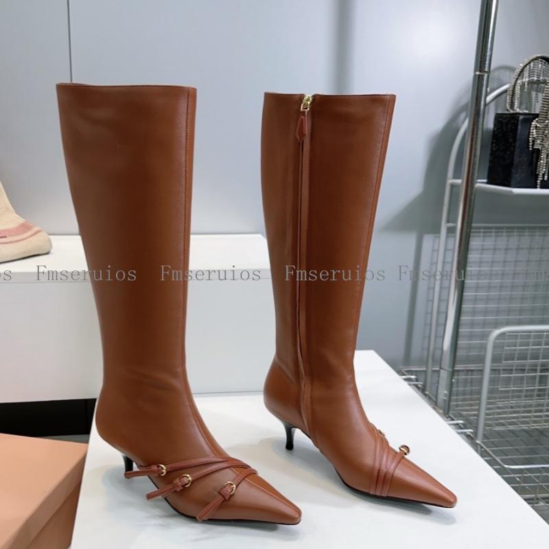 

Women Knee High Boots Fashion Simple Genuine Leather Pointed Toe Low Heel Zip Buckle Strap Stylish Shoes Elegant Quality Boots 40