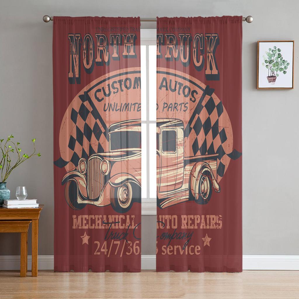 Car Service Mechanic Maintenance And Automobile Repair Rusty Metal Plates Tulle Sheer Curtains Living Room Voile Organza Curtain