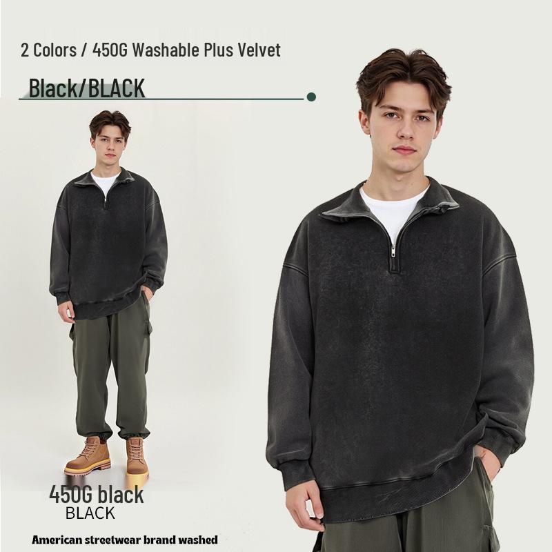 

European & American Retro Stand-up Collar Half-zip Fleece-lined Men s Sweatshirt - Thickened Autumn Outerwear for Couples. XXL