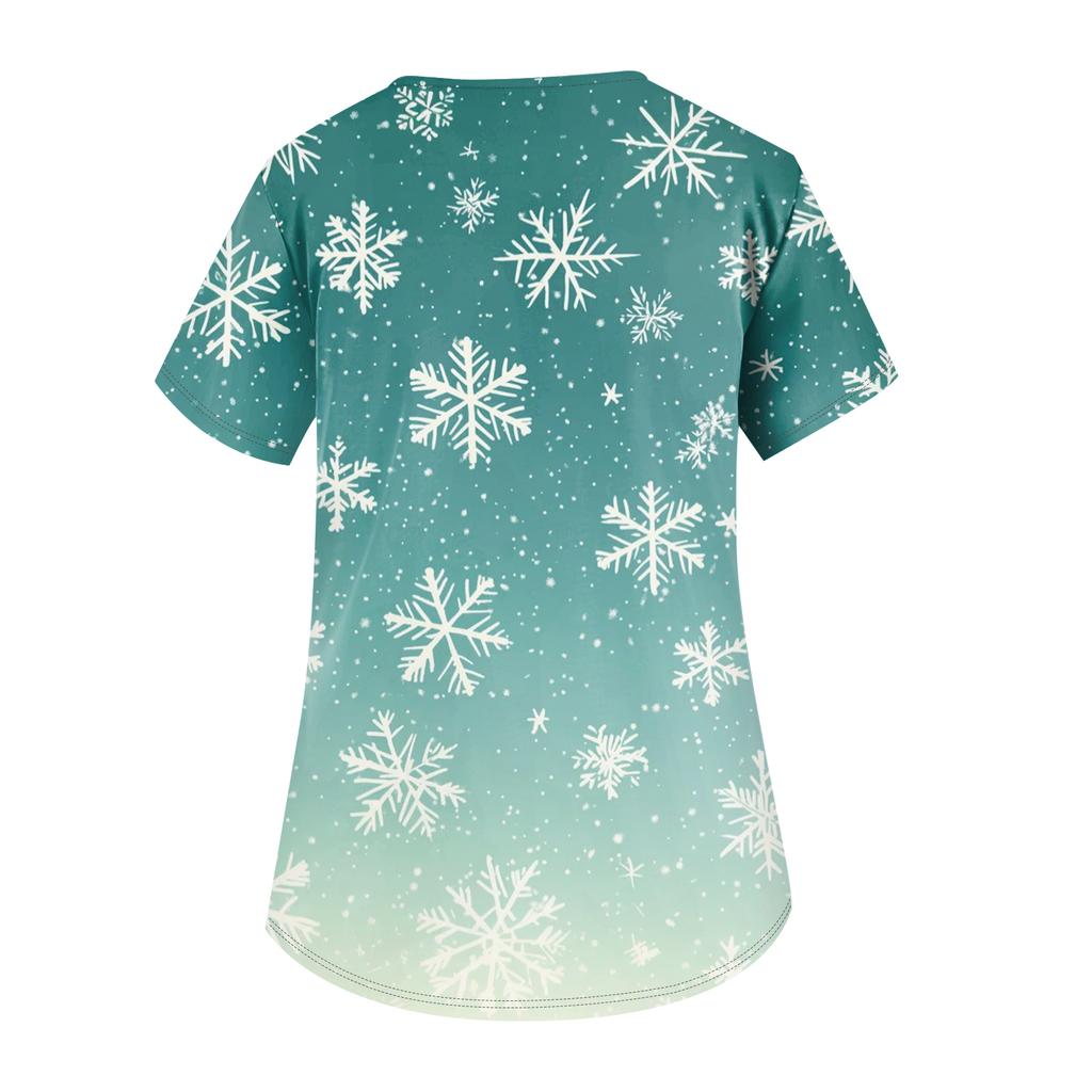 Women's V-neck Christmas Print Short-sleeved Pocket Side Slit Uniform Top