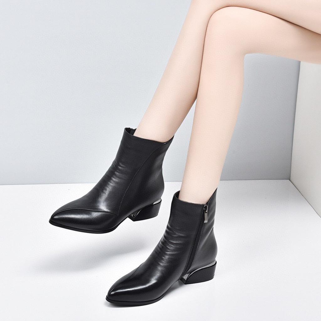 Leather boots women's 2025 autumn and winter new pointed thick heel European and American style short boots comfortable cowhide black thin women's fa