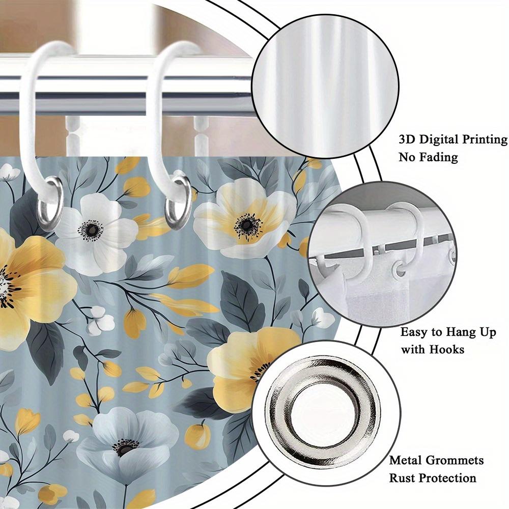 1Pc Yellow And White Peony Floral Shower Curtain With Hooks, Machine Washable Polyester, Suitable For Bathroom Decoration