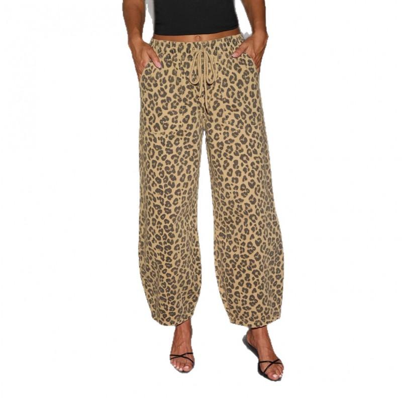 Womens Loose Fit Leopard Print Denim Pants Casual Street Style Jeans