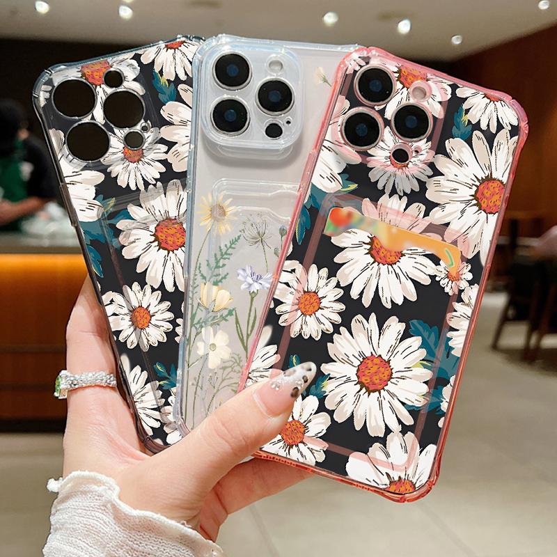 Flowers Print Card Slot Phone Case For iPhone Air 16e 17 16 15 Pro Max 14 13 Pro Max Shockproof Clear Soft Silicone Cover