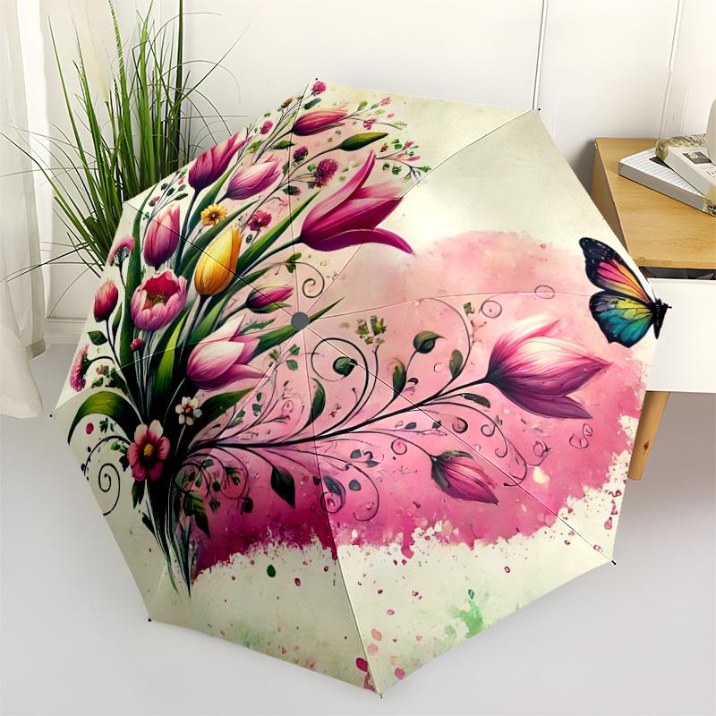 1pc Floral Heart Butterfly Automatic Open/close Umbrella, 8-Rib sturdy structure, Auto Folding/Opening, Portable Travel Umbrella for Women, c30