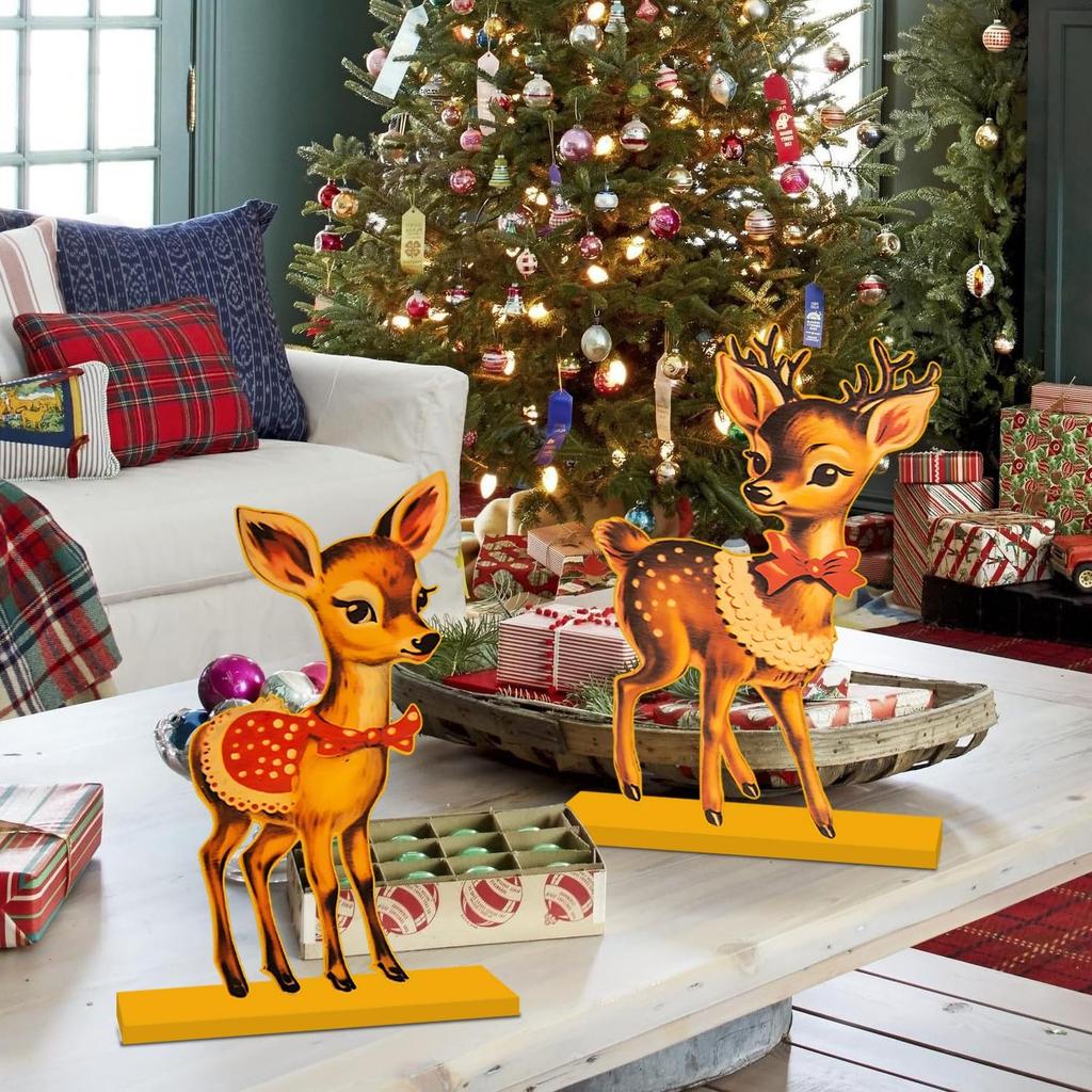 4pcs Vintage Christmas Decorations Table Wooden Centerpieces Christmas Theme Retro Sika Deer Table Decorations Tiered Tray Decor for Winter Holiday