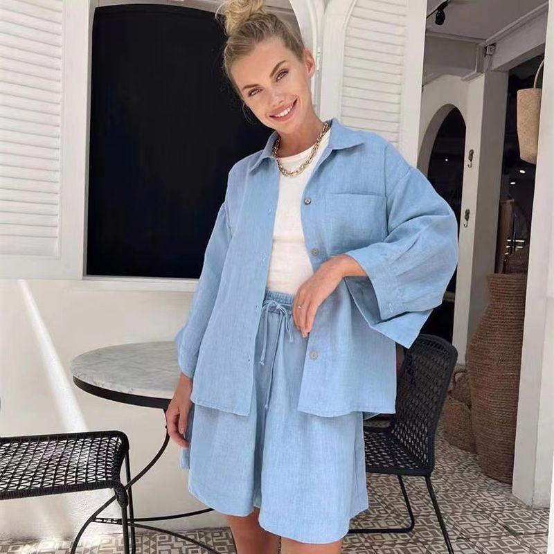 

Fashion Wind New Arrival Casual Loose Long Sleeve Top Shorts Suit Loose Top and Shorts Suit Blue S