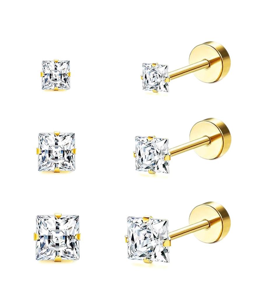 Square Cubic Zirconia Stud Earrings Set, 3mm 4mm 5mm, 14K Gold Filled Surgical Steel Flat Back Hypoallergenic Jewelry for Men Women Sensitive Ears