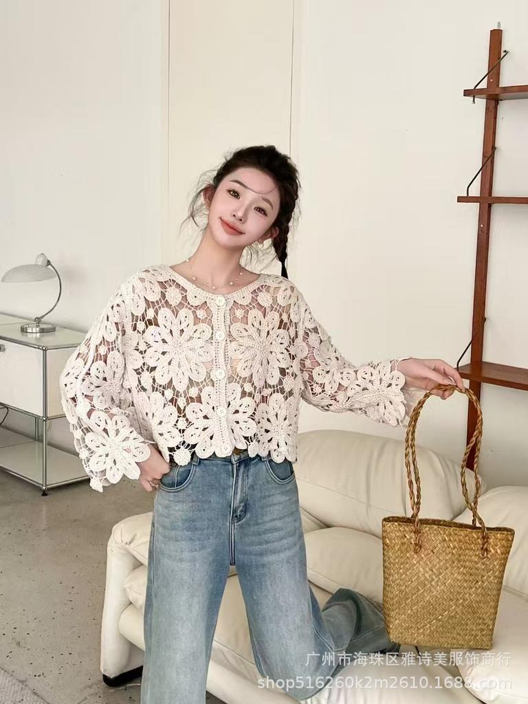 Fashion loose and thin hollow crochet knitted sweater women's new foreign style unique chic cardigan long-sleeved top