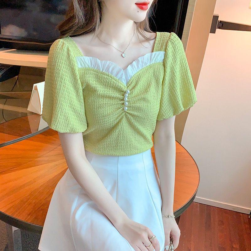 WTEMPO Brand Summer Women's Bubble Sleeve Square Collar Collar Shirt Slim High-waisted Short Top Pearl Decorated V-neck Short Sleeve Shirts