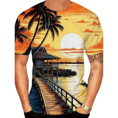 Summer Round Neck 3D Sunset Hawaii Palm Tree Pattern Print Top Fashionable Casual Short Sleeved Men's T-shirts