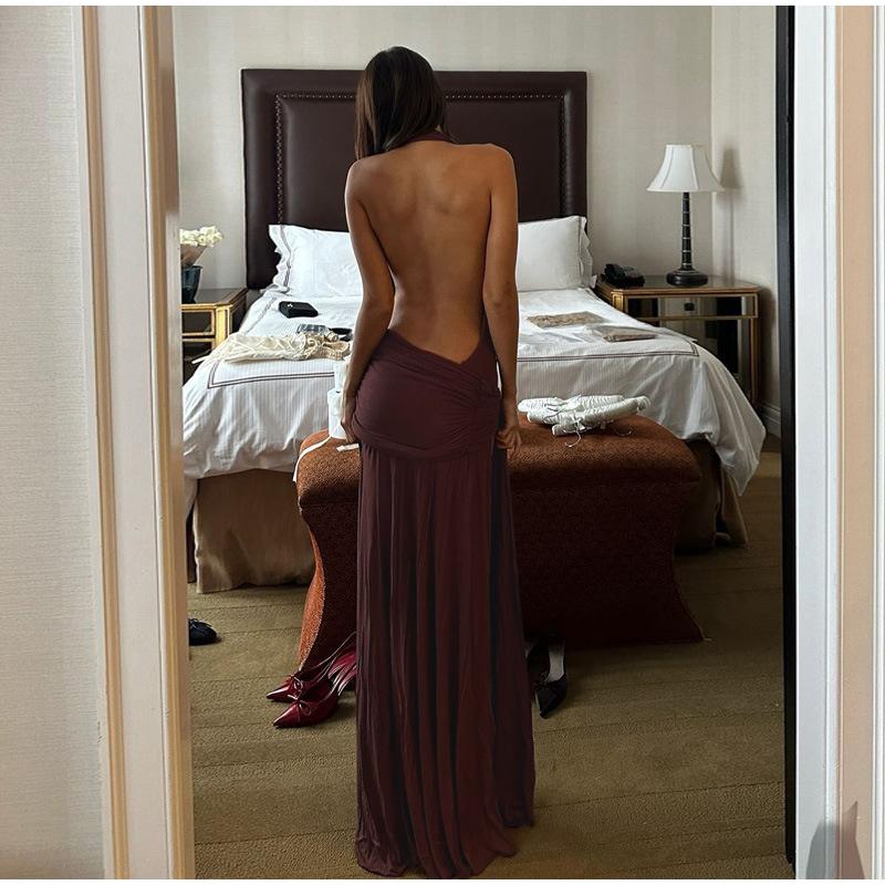 Sexy Halter Brown Long Dress Women Slim Backless Pleat Knot High Slit Draped Dresses Female 2025 Summer Lady Beach Party Dress