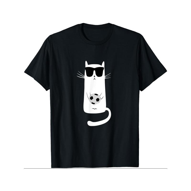 Футболка с принтом  Кот в спортивных очках играет в футбол , Мужская футболка, Графическая футболка, Забавная футболка, Мужская футбольная футболка, Футболка с изображением футбола. S чёрный