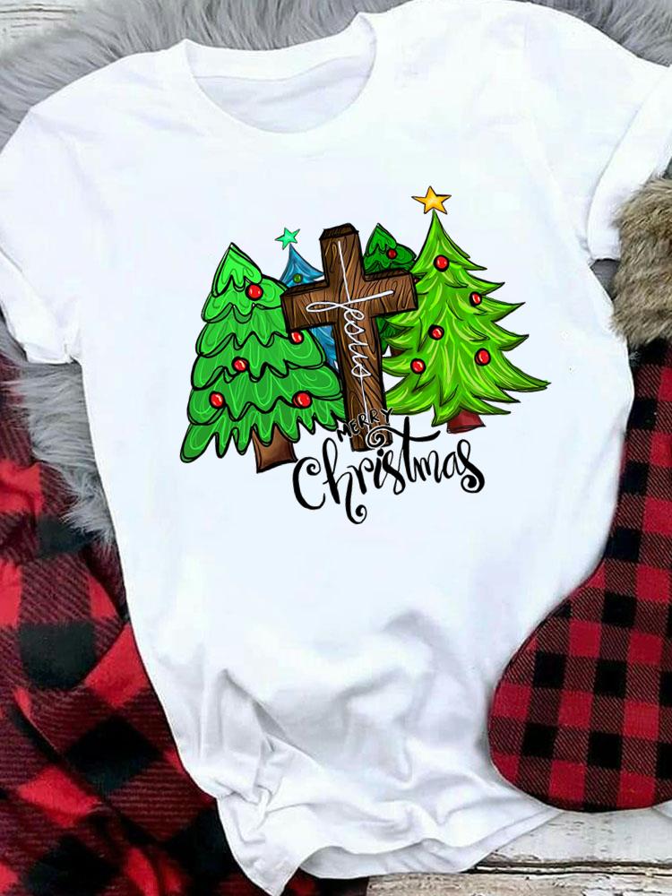 (Asian Size) Tree Lovely Letter Style Women Holiday Print Tee Top Festival Merry Christmas New Year Casual  Lady Short Sleeve Fashion Graphic T-shirts
