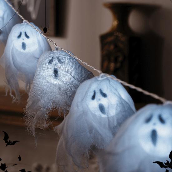 LED Duchové světelný řetěz Ručně vyrobená svítící halloweenská látková duchová girlanda na párty, strašidelný dům, krb, dekorace na verandu