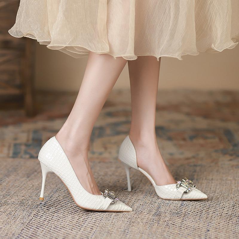 6-Niche Design Texture Side Empty High Heels Rhinestone Metal Buckle Stiletto Single Shoes Pointed Women's Shoes