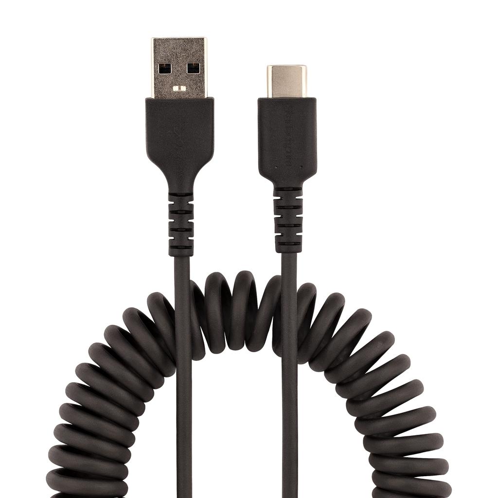 STARTECH la 50cm Cablu Aramidic Spiralat Male la USB A la USB Type C Spiralat Negru pentru Sarcină Grea USB-A USB-C, (Extensibil), Ranforsat, Masculin, Cablu 2.0,