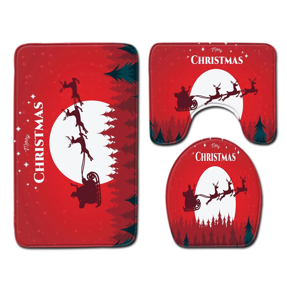 Christmas Bathroom Shower Curtain Toilet Floor Mat Four-Piece Bathroom Non-Slip Door Mat Kitchen Bedroom Absorbent Carpet