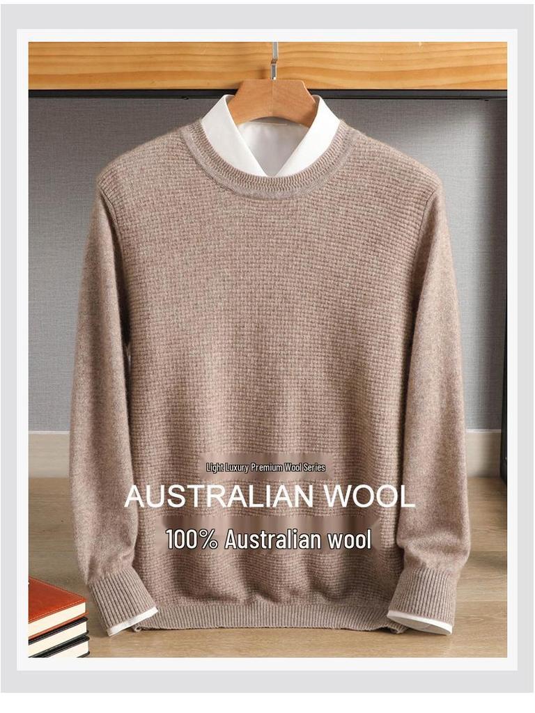 Men's 2022 Pure Wool Knitted Crew Neck Sweater - Long Sleeve, Loose Fit, Mature Casual Jumper