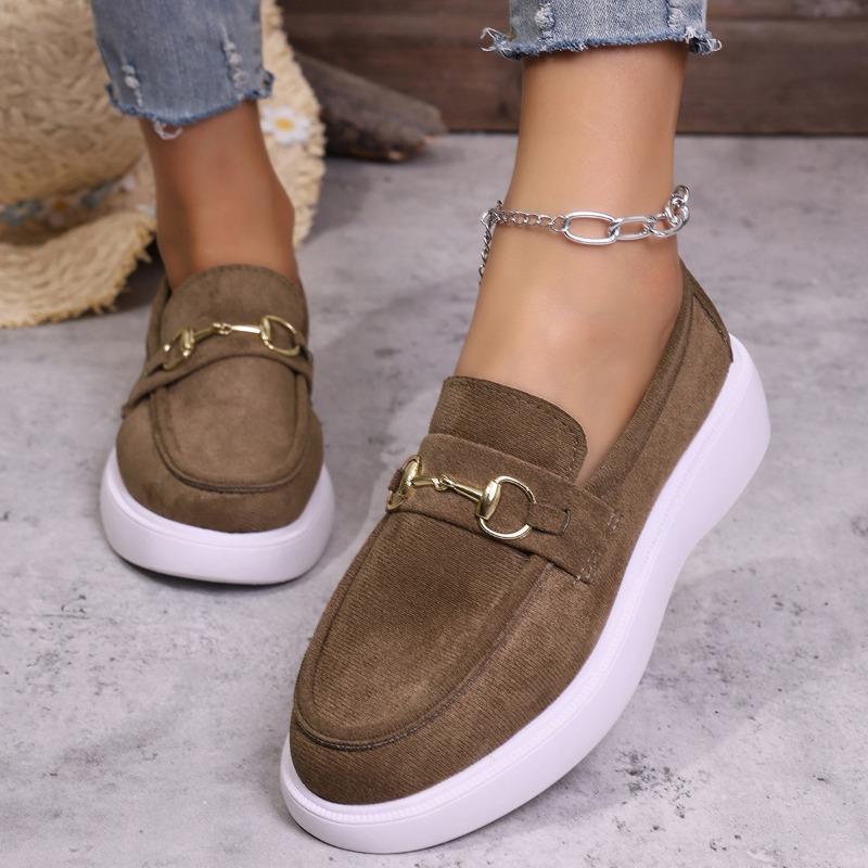 Women's Metal Buckle Loafers, British Style Slip-On Driving Shoes, Flat Sole Comfort Moccasins for Women
