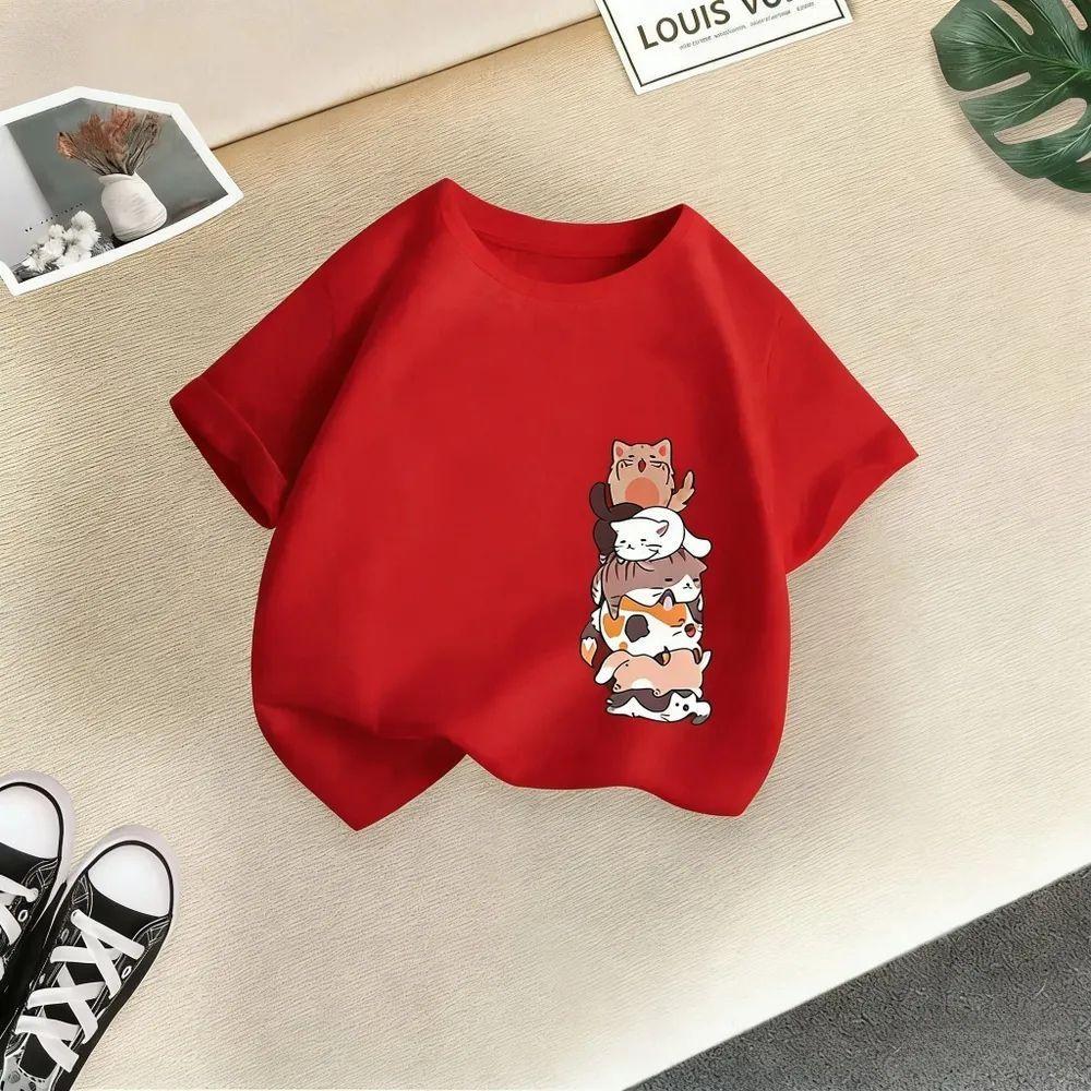 Gestapeltes Print-Kurzarm-Baumwoll-T-Shirt für Mädchen & Jungen - Sommerkollektion 2026