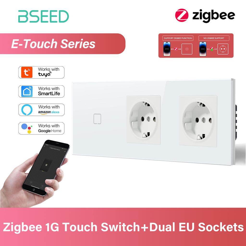 BSEED 1/2/3/4Gang Zigbee Touch Switch Glass with EU Sockets Smart Wall Light Switch Touch Screen Backlight E Series