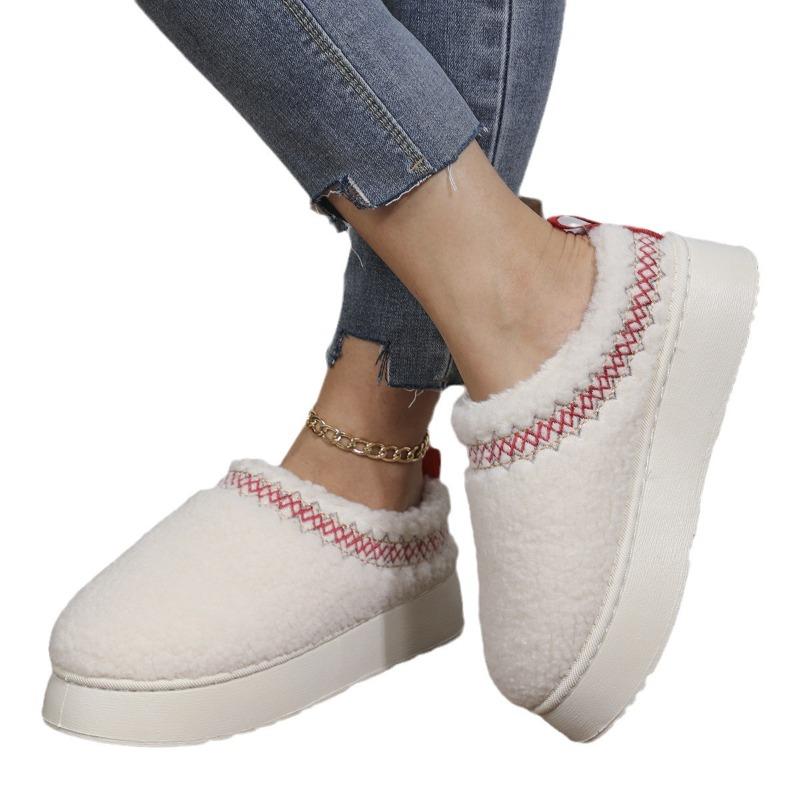 Thick Soles Wear Winter Headscarf Half Slippers, New Ethnic Style Lace Wool Semi-support Snow Cotton Slippers