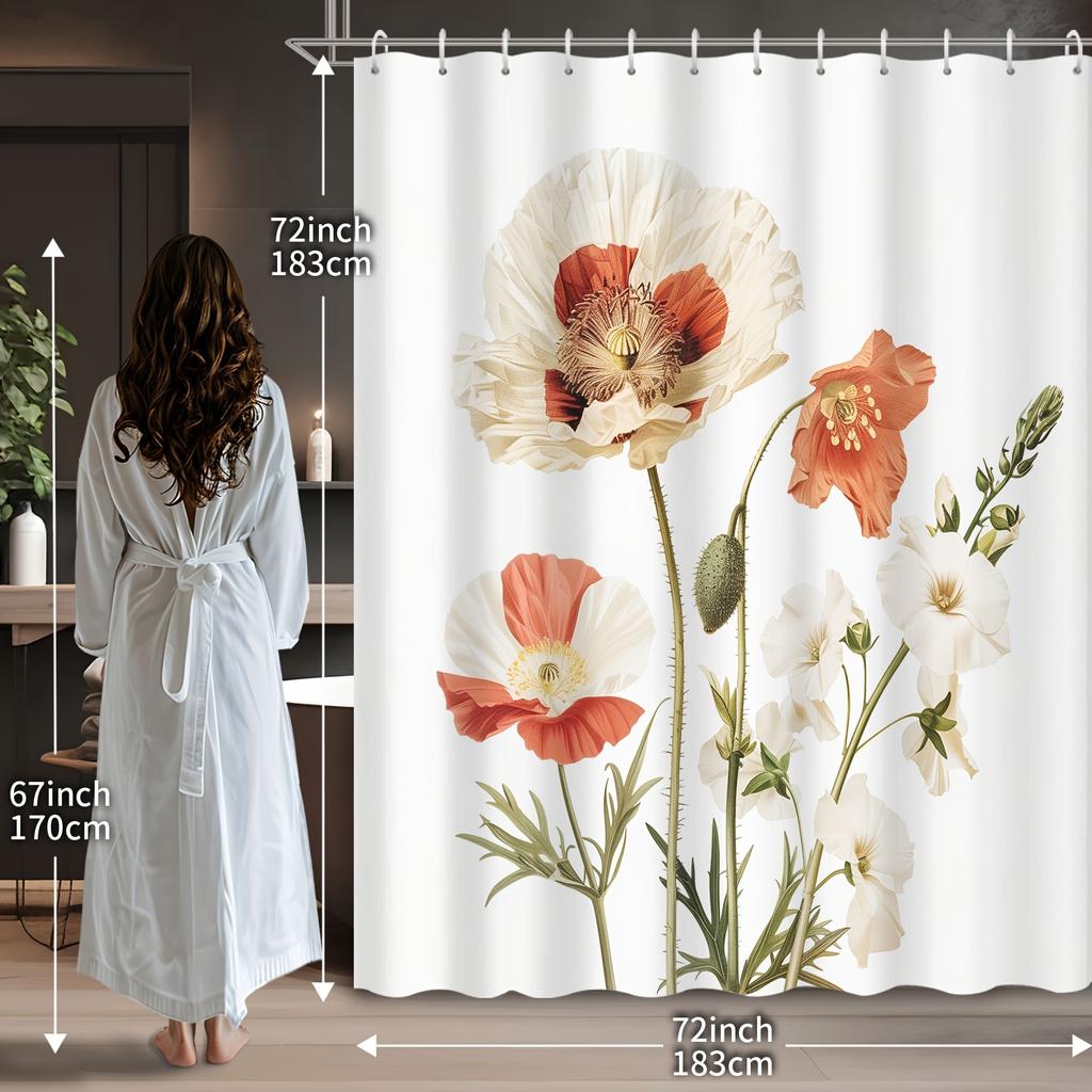 1pc Nordic Flower Shower Curtain - Large Floral Print, Simple & Stylish, 72x72", 12 Hooks, for Hotel & Bathrooms